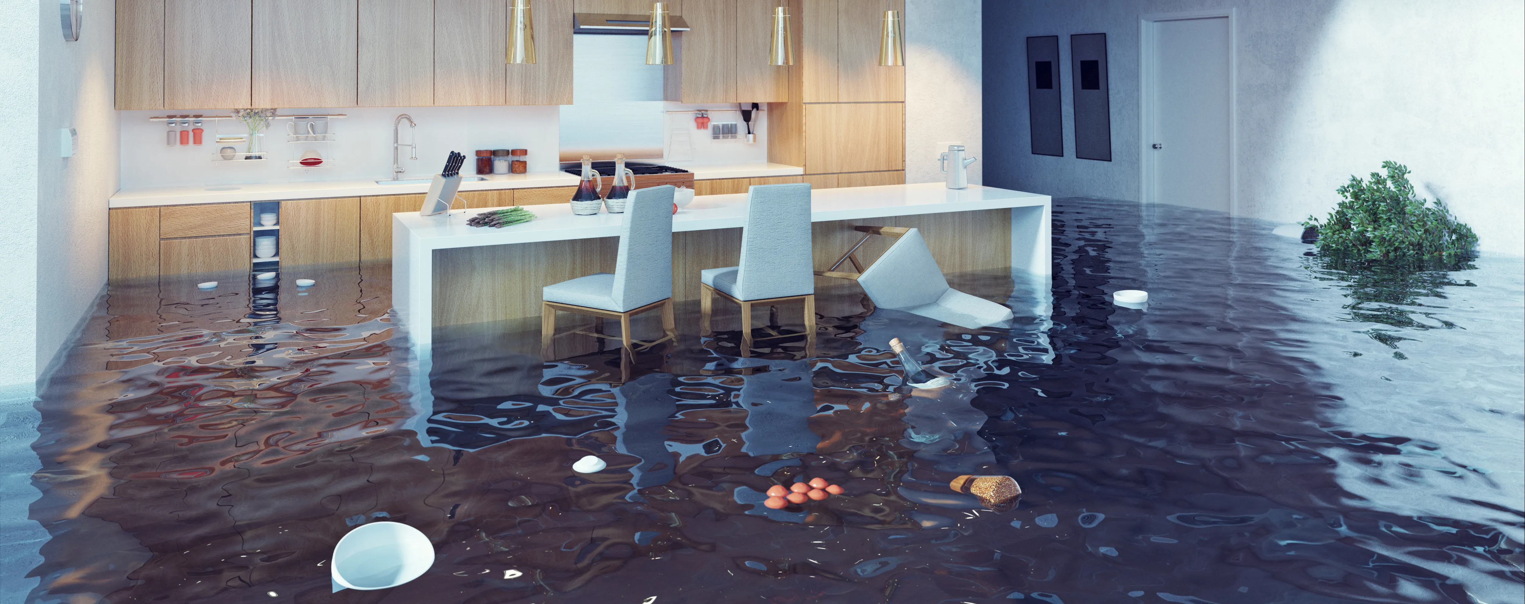 Wasserschaden in der Küche eines Wohnhauses.