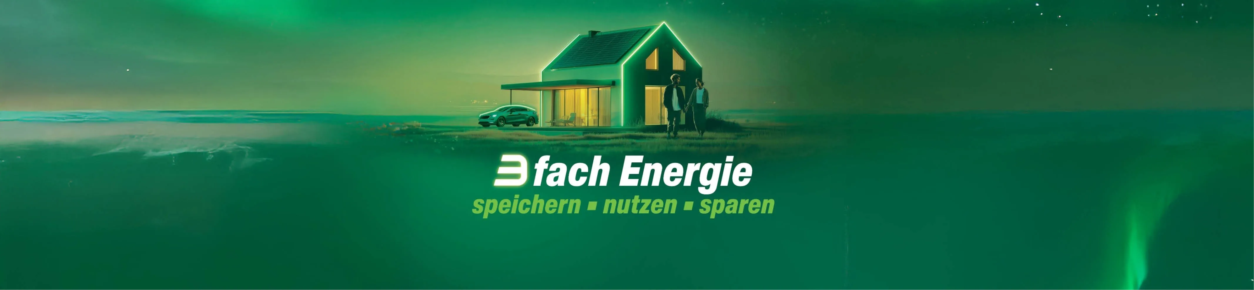 Header mit E3DC-Slogan, Haus und E-Auto in grüner Umgebung.