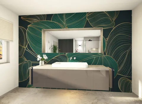 Modernes Badezimmer mit grün-goldener Blättertapete, Doppelwaschtisch und großem Wandspiegel.