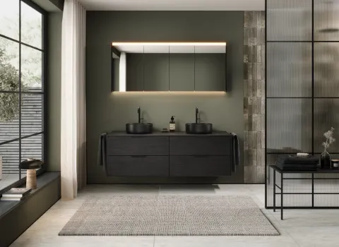 Waschtisch aus der Kollektion Oteo des Herstellers burgbad in der Farbe Eiche Dekor Nachtschwarz.