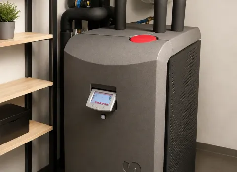 Eine kompakte Solvis Heizungsanlage steht in einem Keller- beziehungsweise Abstellraum zwischen Regalen mit Schuhen, Werkzeugen und Aufbewahrungsboxen. Das grau verkleidete Gerät besitzt ein digitales Bedienfeld und ist über mehrere schwarz isolierte Rohrleitungen mit der Haustechnik verbunden. An der Wand dahinter befindet sich ein weißes Ausdehnungsgefäß.