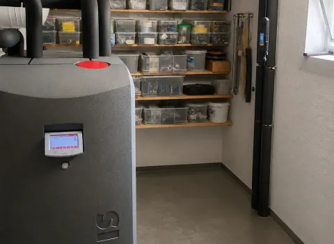 Eine kompakte Solvis Heizungsanlage im Keller steht platzsparend in einem als Lagerraum genutzten Bereich. Das grau isolierte Heizsystem verfügt über ein digitales Bedienfeld und mehrere gedämmte Rohranschlüsse. Im Hintergrund befinden sich Regale mit Aufbewahrungsboxen, Werkzeug sowie mehrere Fahrräder.