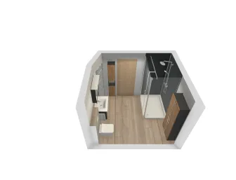 3D-Badplanung mit Dusche, Waschtisch, WC und Holz-Badmöbeln in modernem Design – Perspektive vom Eingang.