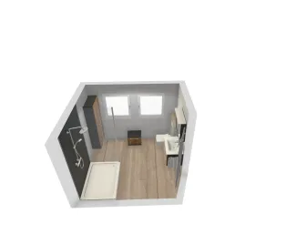 3D-Ansicht eines Badezimmers mit Holzunterschrank, WC und zwei Fenstern – Perspektive vom Duschbereich.
