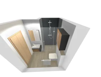 3D-Visualisierung eines Badezimmers mit ebenerdiger Dusche, Waschtisch, Spiegelschrank und wandhängendem WC.