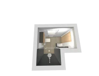 3D-Badansicht aus der Dusche heraus mit Blick auf WC, Heizkörper und Waschtisch.