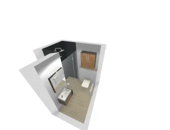 Innenansicht des Badezimmers mit hölzernem Hochschrank, wandhängendem WC und ebenerdiger Dusche mit Glasabtrennung.