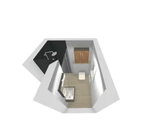 Draufsicht auf die 3D-Badplanung mit Fokus auf der Dusche, dem WC und dem hölzernen Hochschrank.