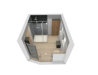 Visualisierung eines länglichen Badezimmers mit großer Dusche, Badschrank und zwei Fenstern.