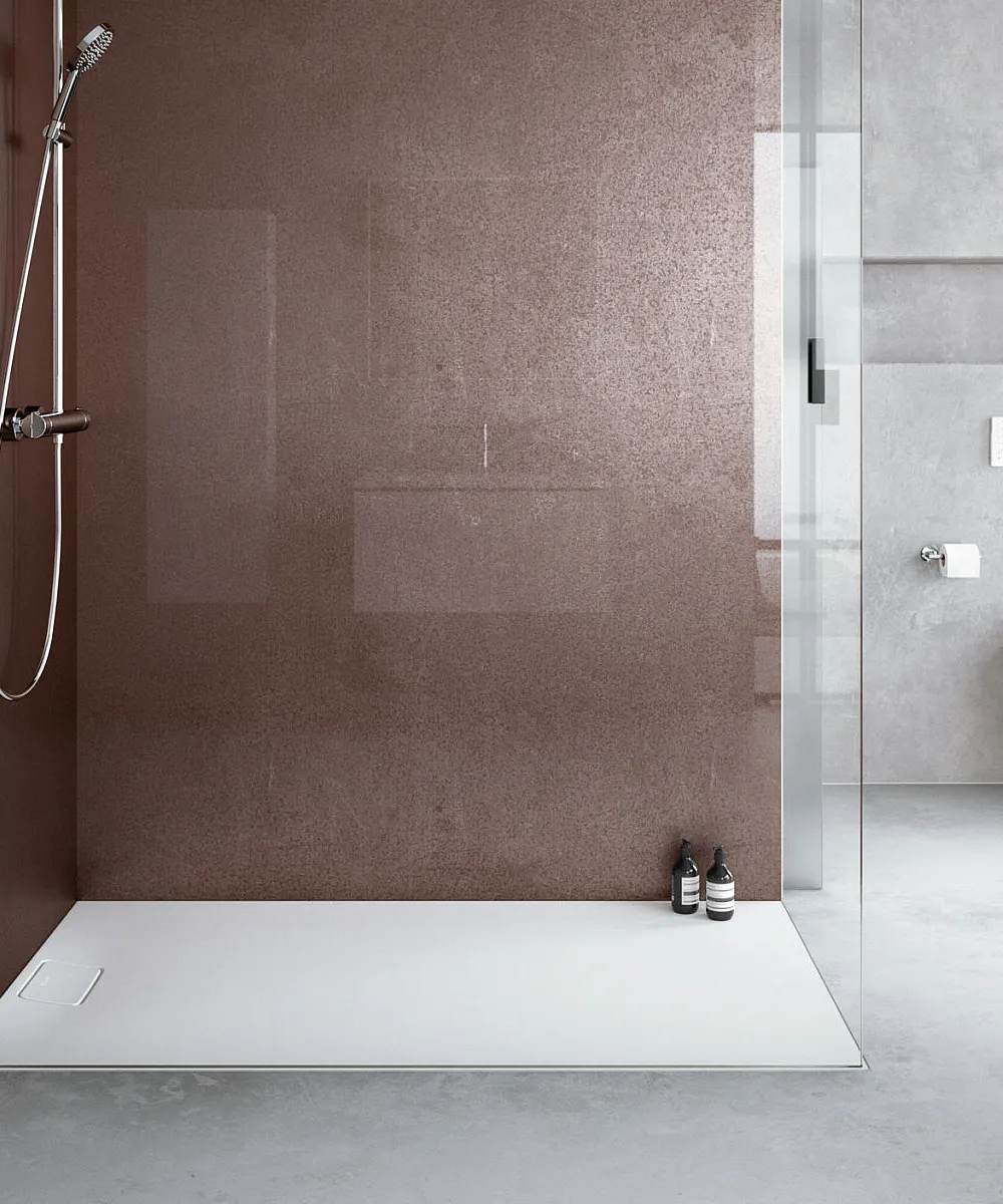 Minimalistisches Bad mit einer offenen Dusche, brauner Rückwand und Glasabtrennung, neben einer Toilette und einer Wandnische.