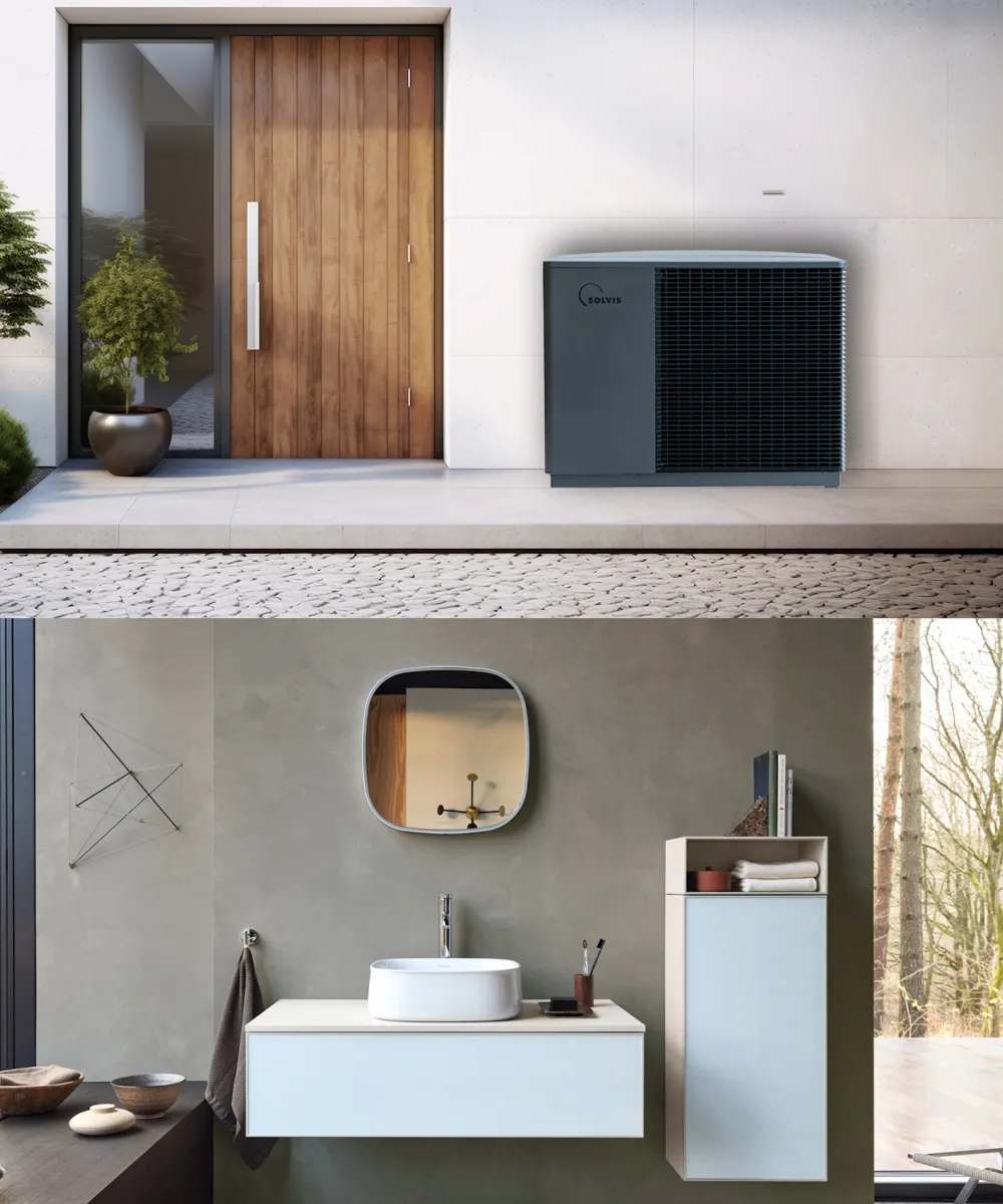 Bildmontage Wärmepumpe SolvisLea Pro und Badezimmer Duravit Zencha.