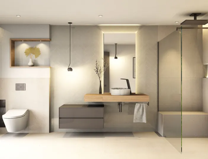 Fotoralistischer Planungsentwurf eines hellen Premiumbades mit Glasdusche, großem Spiegel und hängendem Waschtisch. Das minimalistische Design in Naturtönen sorgt für modernes Flair.