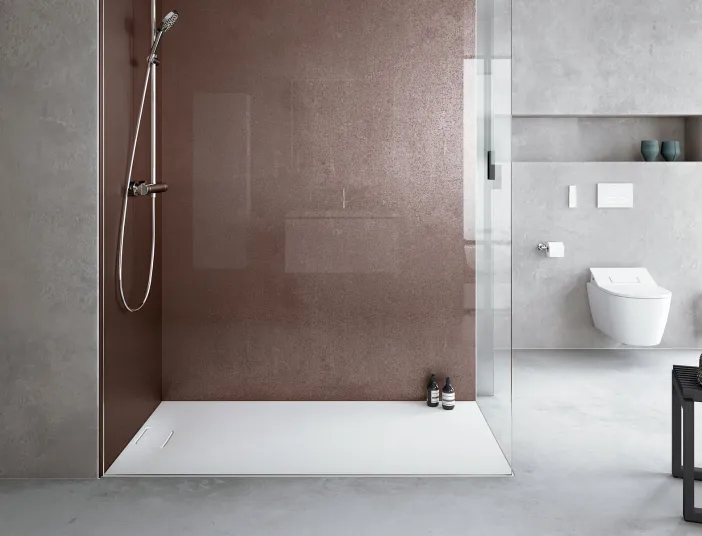 Minimalistisches Bad mit einer offenen Dusche, brauner Rückwand und Glasabtrennung, neben einer Toilette und einer Wandnische.