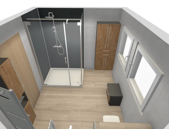 3D-Top-View eines Badezimmers mit Duschkabine, WC, Waschtisch und Holzschrank.