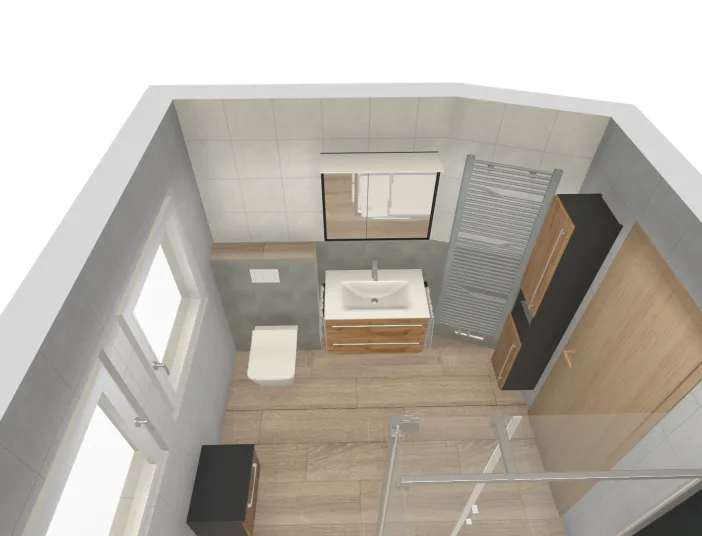 Badvisualisierung mit begehbarer Dusche, Holz-Hochschrank und zwei Fenstern bei Tageslicht.
