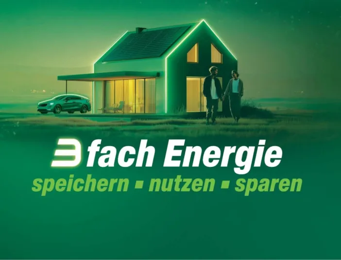 Header mit E3DC-Slogan, Haus und E-Auto in grüner Umgebung.