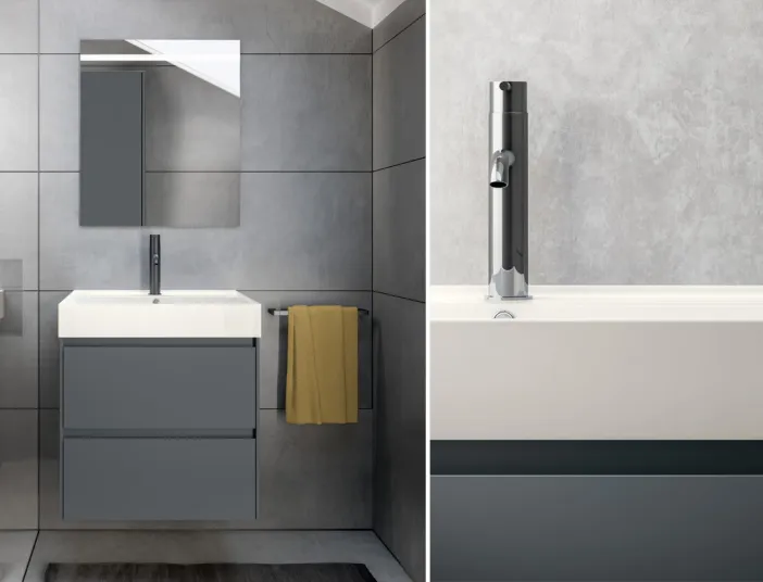 Moderner Waschtisch mit geradlinigem Unterschrank und Spiegelschrank in grauem Badambiente von Stocco.
